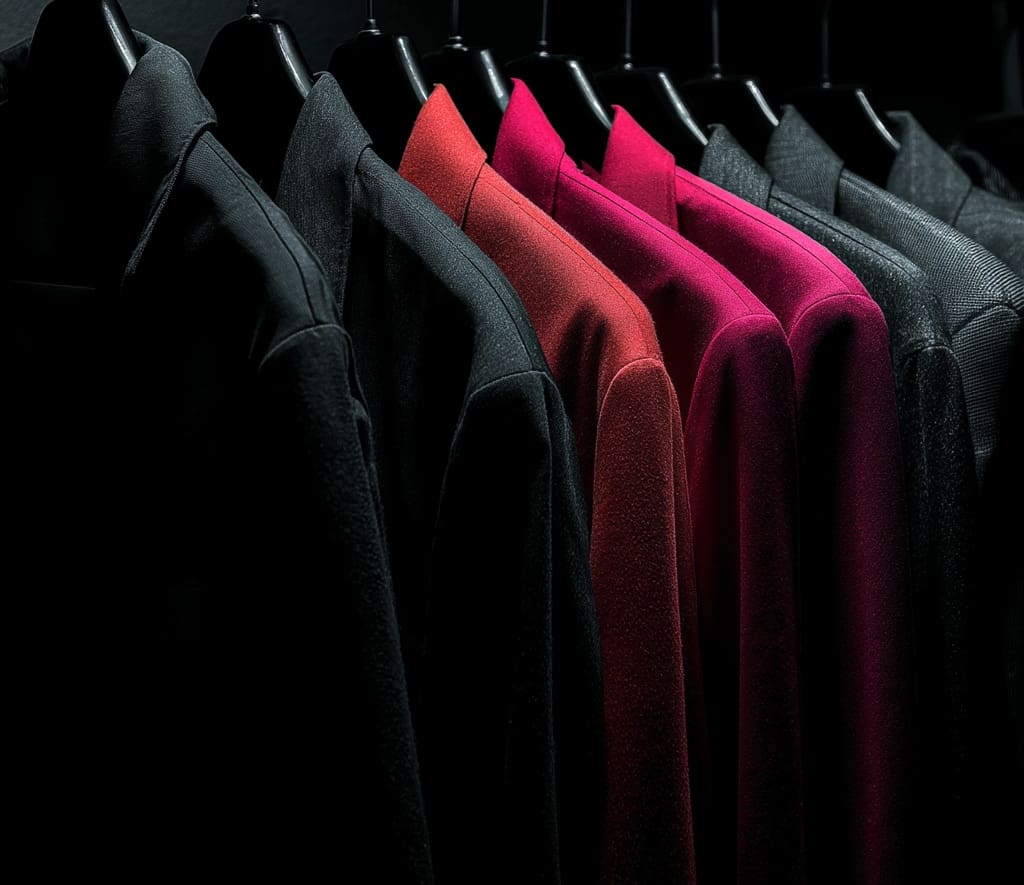 Several jackets in shades of black, red, and pink are hanging neatly on black hangers in a dimly lit closet, awaiting their next outing—or perhaps a quick trip to cleaners for clothes near me.
