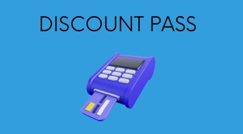 A digital illustration of a blue card reader with a card inserted, under the text "DISCOUNT PASS" on a blue background.
