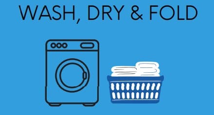 Illustration of a washing machine next to a laundry basket filled with folded clothes, with the text "WASH, DRY & FOLD" above.