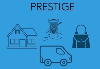 Blue background with the word "PRESTIGE" above icons of a house, spool of thread with needle, purse, and van.