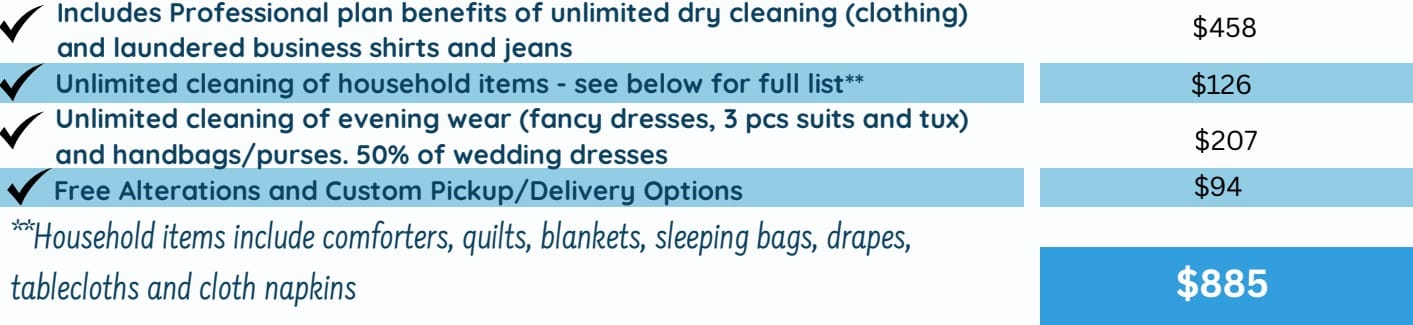 Table listing professional plan cleaning services with corresponding prices, including household and evening wear items, totaling $885.